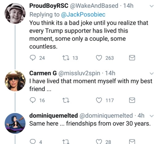 datcatwhatcameback: alohamarsblog:  datcatwhatcameback:  beeskeepony:  rthko:  whatbigotspost:  fiightingdreamers: this thread is the absolute holy grail of repeated self owns “Why don’t these people who my politics are personally hurting like me