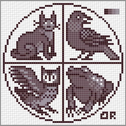 rachelroach: witch stitch: a quartet of cat, raven, owl, and toad familiars.  free cross stitch