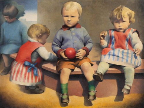 Ernst Neuschul (1895-1968) — Children Playing on the Sandbox  [oil on canvas, 1928]