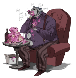 risto-licious:  commissionwork for the sweet armisael! Featuring Risto greedily stuffing his old face with some cake, fattening up that big gut of his &amp; getting really messy with that frosting  