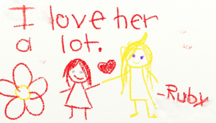 capedinred:  //Testing crayon brush! Ruby had to write about a family member in school!
