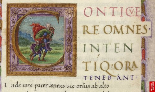 aleyma: Historiated initial with Aeneas carrying Anchises and leading Ascanius, from a collection of