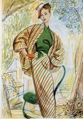 Fashion illustration by André Delfau, 1948, Jacques Griffe Couture.