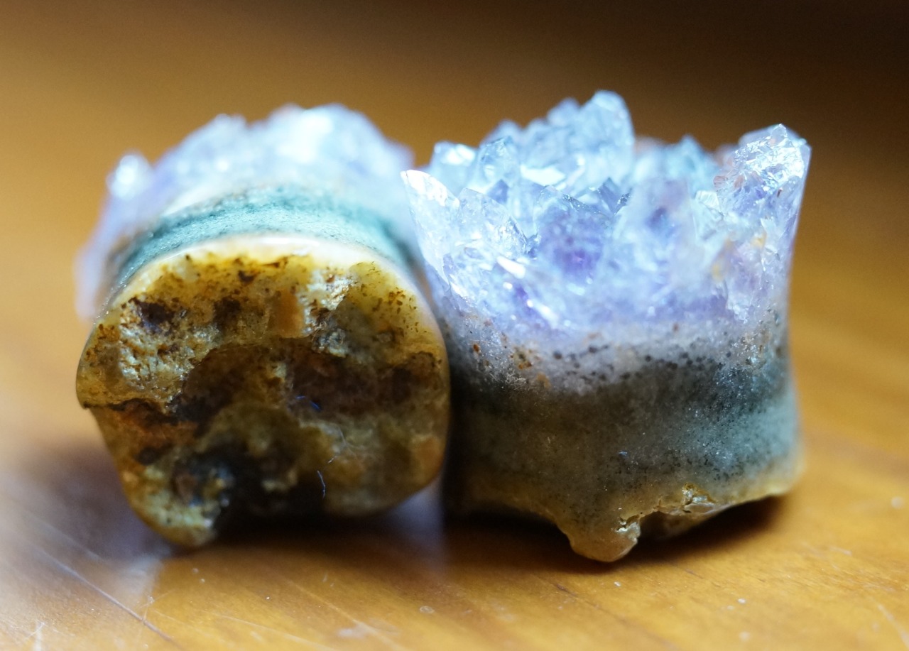 imperialorganics:  9/16” (14mm) Amethyst druzy plugs with natural reverse faces