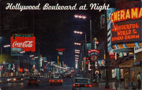 vintage Hollywood Boulevard at night 1960&rsquo;s, California Coca-Cola, Cinerama, Roosevelt Hot