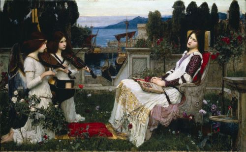 Saint Cecilia (1895). John William Waterhouse (English, 1849-1917). Oil on canvas.Kneeling on a crim