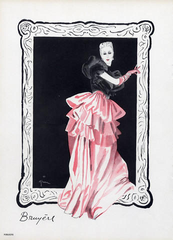 1946 evening gowns by René Gruau;Pierre BalmainMarcelle Alix and Bruyère