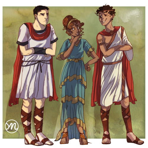 yorinarpati:Percy Jackson Fanzine submission! ;DThe big 7 in Ancient Greek/Roman clothes for prom. W