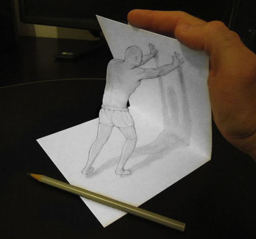 timeandchange:  odditiesoflife:  Incredible 3D Drawing Illusions Italian artist Alessandro Diddi uses the simple mediums of pencil and paper to create incredible anamorphic pencil drawings that look completely three dimensional. The illusions appear when