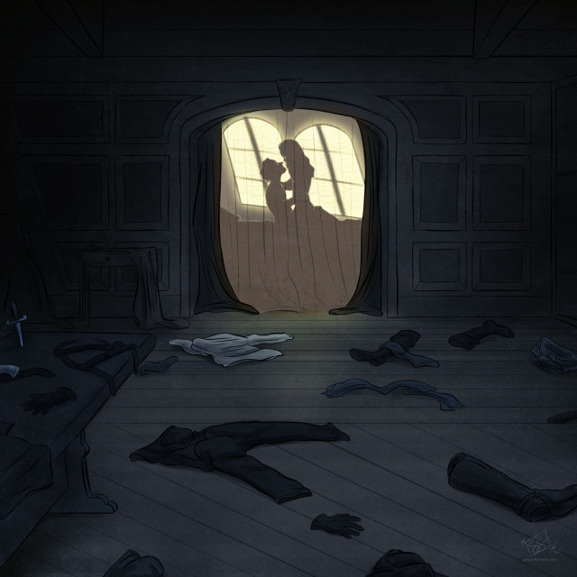 Illustration of the captain's quarters aboard the Revenge, after Ed emptied it out. The room is dark, and there is a table/desk to the left. On the table is a discarded shirt, a glove, a gun and belt, a knife driven into the wood, and Ed's brace. Clothes are also strewn all over the floor: two pairs of boots, a leather jacket, a leather glove, a pair of leather trousers, a pair of breeches, stockings, a belt, a scarf, a shirt. All leading like a path to the back of the illustration, where the bunk is. It's illuminated by golden light, and through a gauzy curtain, the silhouettes of Stede and Ed can be seen on the bed. Ed is in Stede's lap, and they are looking at one another.