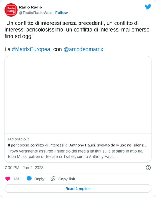 "Un conflitto di interessi senza precedenti, un conflitto di interessi pericolosissimo, un conflitto di interessi mai emerso fino ad oggi"  La #MatrixEuropea, con @amodeomatrix https://t.co/NPm08jmMqP  — Radio Radio (@RadioRadioWeb) January 2, 2023