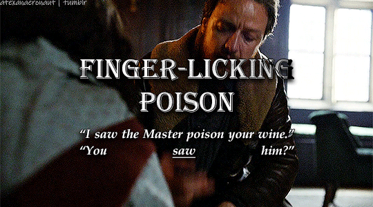 A gif of Asriel lifting his hand to his mouth, inspecting then licking at his fingertips. The title reads, "Finger-Licking Poison" and the dialogue underneath: "I saw the Master poison your wine." "You SAW him?"