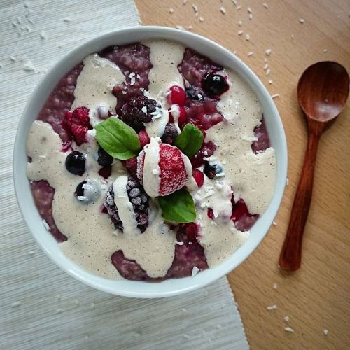 Mixed berry porridge with vanilla soy cream! That soy cream was amazing! It tasted like vanilla icec