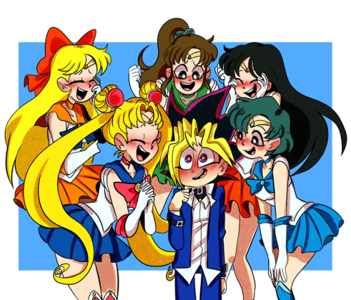 eloo-draws:Sailor Senshi meets Yugi Muto ! Isn’t Yugi taller than Usagi?