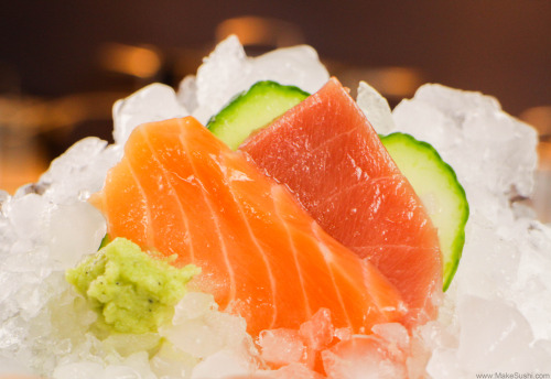 Salmon and Tuna sashimi on ice with freshly grated wasabi rhizome, see more delicious Japanese food 