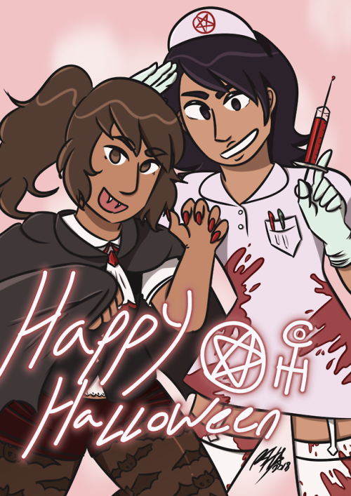 A seasonal greeting from my two protags (they/them pronouns for both) 