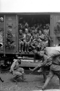  Victorious Red Army soldiers at a train
