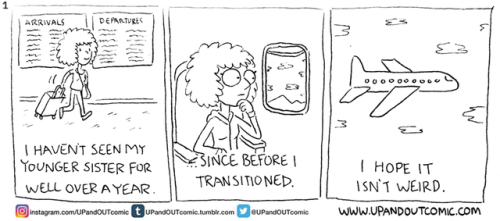 upandoutcomic: n honor of it being Pride month- here’s a series of comics I made last year about seeing my sister for the first time since transitioning. ❤️ If you enjoy my work and would like to help support my transition, there’s a link to my