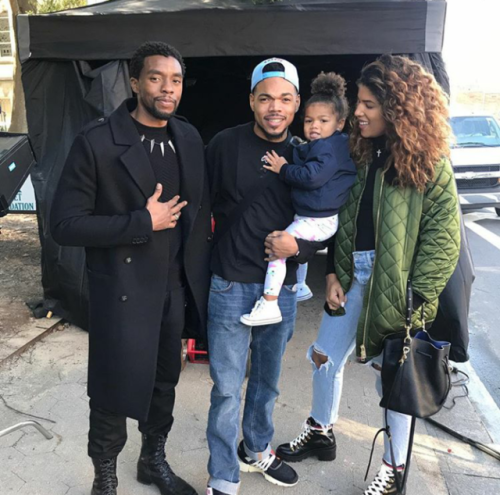 makaveliebk:Chance the Rapper on the set of Black Panther in Atlanta with Chadwick Boseman and littl