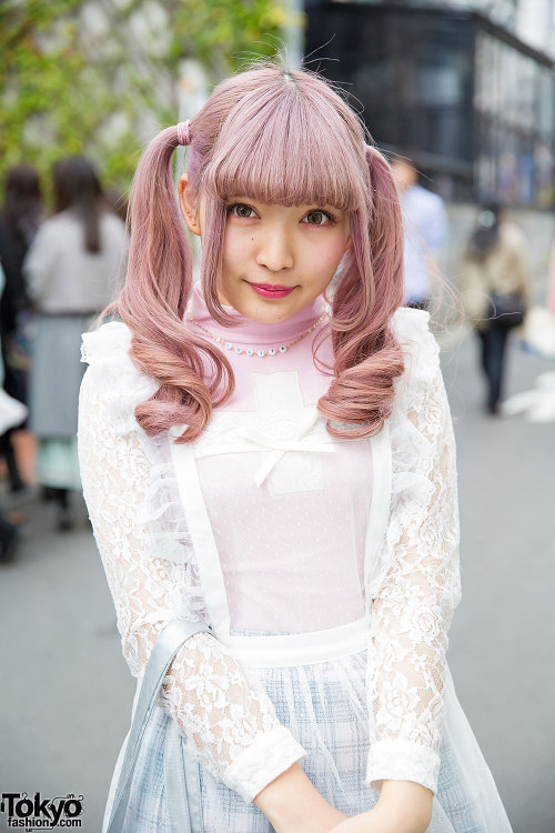 tokyo-fashion:  Rinalee - who recently started working at Bubbles Harajuku - on the street in Harajuku with lilac twin tails, a KOKOkim  sheer apron over a Katie top, a Bubbles plaid skirt, and WEGO ribbon-laced platforms. Full Look 