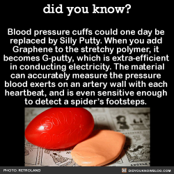 did-you-kno:  Blood pressure cuffs could one day be  replaced by Silly Putty. When you add  Graphene to the stretchy polymer, it  becomes G-putty, which is extra-efficient  in conducting electricity. The material can accurately measure the pressure  blood