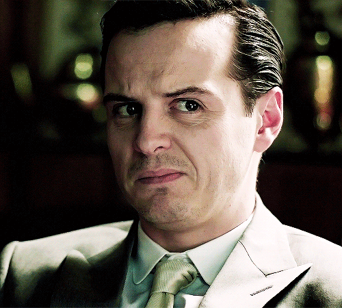 The thing I love about Andrew Scott is not only the look of confusion and disgust in this gif but the fact that he plays Moriarty with a different view of madness and insanity almost up to the point of almost coming off sane (idk if that makes...