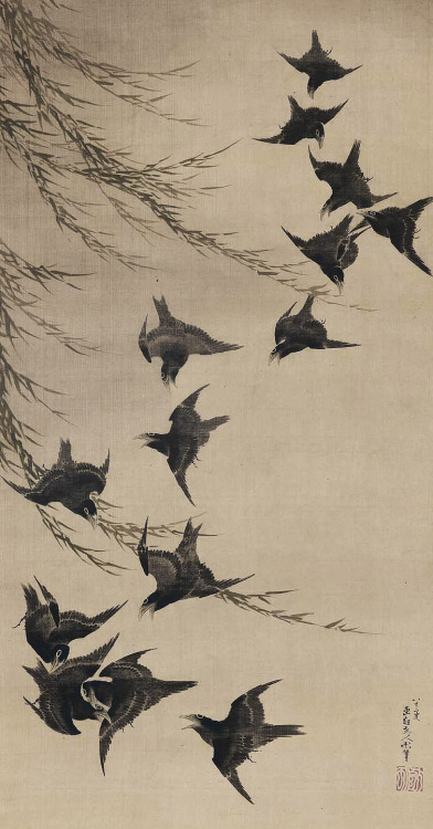 japaneseaesthetics:Willow and CrowsYanagi ni karasu zu柳に鳥図Attributed to: Katsushika Hokusai1841 (Ten
