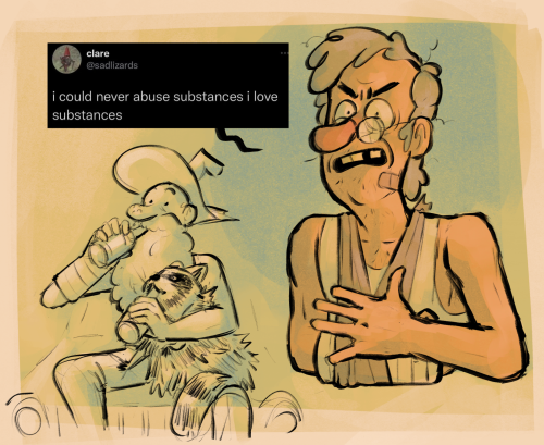 Top: Fiddleford, midway through his memory gun breakdown with his broken arm in a sling, looks aggressive and deeply offended as he says (quoting a tweet), "I could never abuse substances. I love substances."
Bottom: Fiddleford in full Old Man McGucket mode sitting on the roof of a car with a raccoon in his lap. He's sipping a beer with one hand and tipping another beer into the raccoon's mouth with the other.