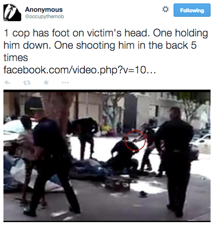 revolutionarykoolaid:#Every28Hours (3.2.2015): LAPD officers shot dead a homeless man yesterday, street execution-style. The man’s name has not been released yet, but he was known to many as “Africa.” The entire murder was captured on camera. Brother