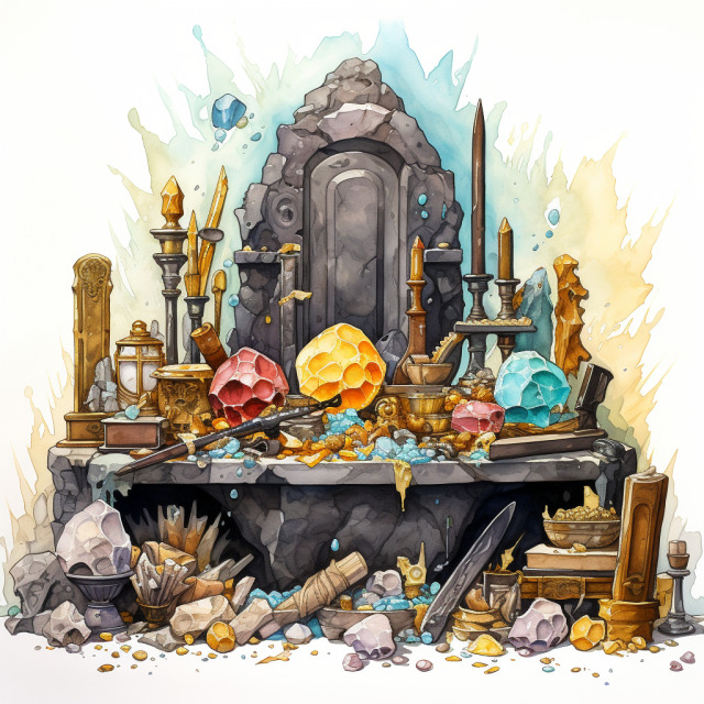 A stone altar covered in gold, gems, and weapons