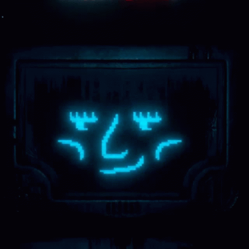 a gif of p03 from act two of Inscryption. Only its monitor can be seen. Its expression changes from a sarcastic, almost lenny-like face to its neutral face. The first face shows a pair of eyes looking to the left with eyelashes, a triangular nose, a smirk, and two raised cheeks. Its second face has two flat lines for the eyes and a slight frown. There is some static when its face changes on the monitor. It moves its monitor a bit after changing faces. p03 has a gray outline with a black monitor, and its facial features are an electric blue. It has a bit of staining or dirt on its monitor.