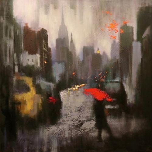 Chin H Shin (Korean, b. South Korea, based Long Island, NY, USA) - A Rainy Day Walker, 2016  Paintin