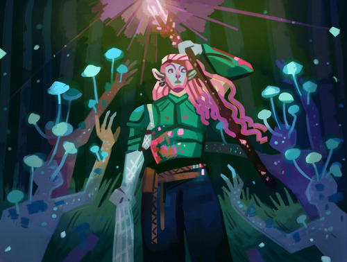 [image description: a stylized digital painting of Caduceus, a firbolg with light gray skin and long