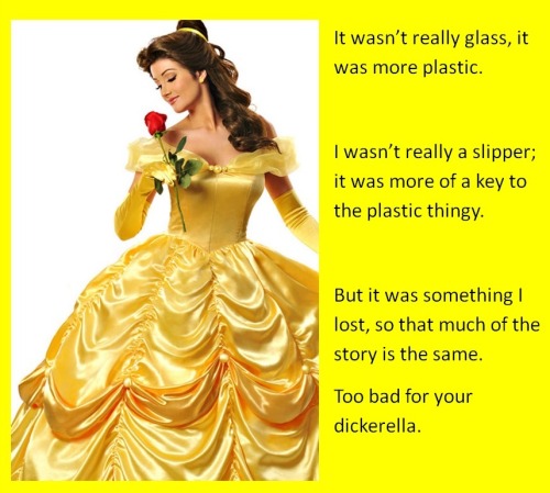 It wasn’t really glass, it was more plastic.I wasn’t really a slipper; it was more of a key to the plastic thingy.But it was something I lost, so that much of the story is the same.Too bad for your dickerella.