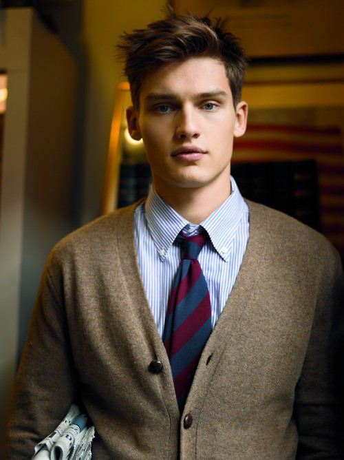 ivy-league-style:Light blue striped oxford cloth button-down shirt, brown wool cardigan,