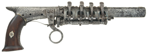 peashooter85:  Unique superimposed load ratchet fire pistol, early to mid 19th century. From Rock Island Auctions: “Made by an unknown smith, this pistol started life as a single shot underhammer target pistol before being changed to it’s present