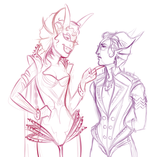 dogslug:i started drawing kankri in a corset and somehow it turned into meenah and eridan in corsets