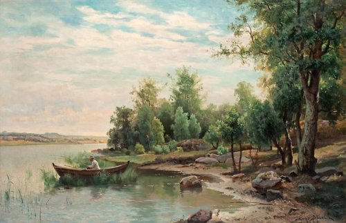 Insjölandskap med Metande Man = Lake View with Angling ManJacob Silvén (Swedish; 1851–1924)1886Oil o