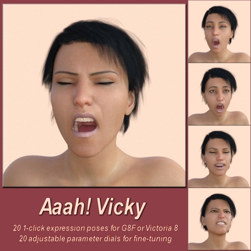 A set of 20 expression poses and parameter dials for Daz&rsquo;s Genesis 8 Female