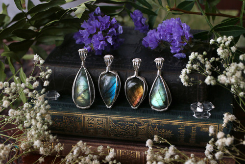 Antique topaz and pearl necklaces and handmade wire wrapped labradorite pendants in sterling silver.
