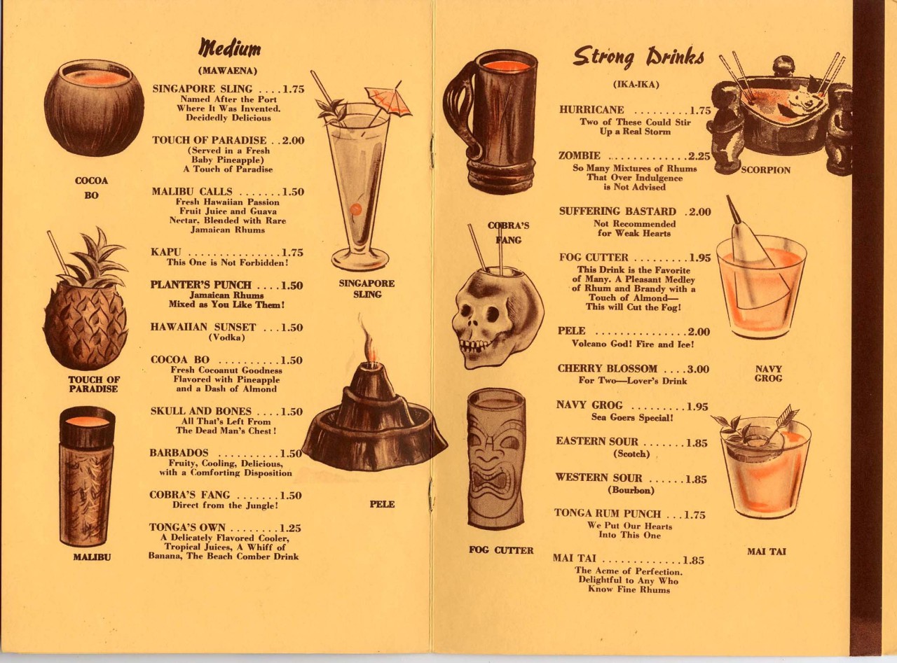 500sandwiches:Drink menu from Malibu, California’s Tonga Lei tiki restaurant and