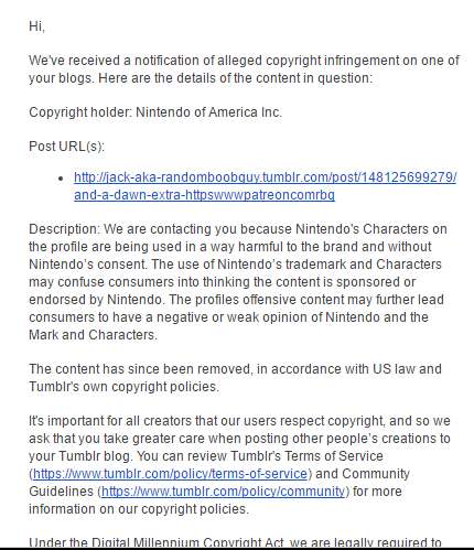 dekushop:gerph18up:haczeynsfw:revoltingrat  replied to your post “Watch your wickie tag, Nintendo is cracking down on it.” It is a threat to your entire blog because if you get three tumblr notices within 18 months your blog gets deleted That can’t