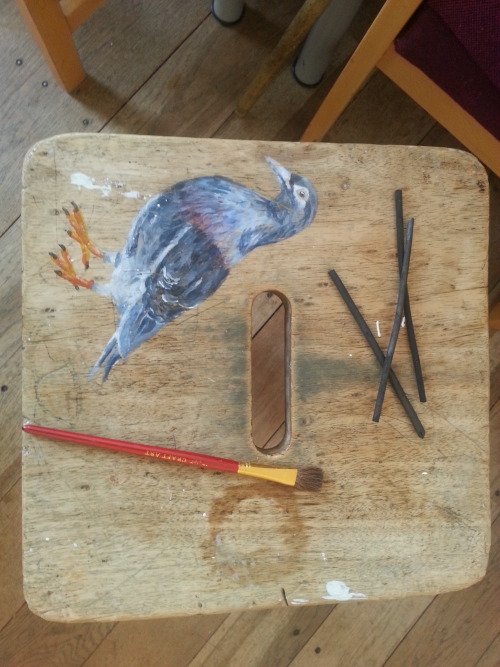 A pigeon painted on a stool for the life art classes here at the minories