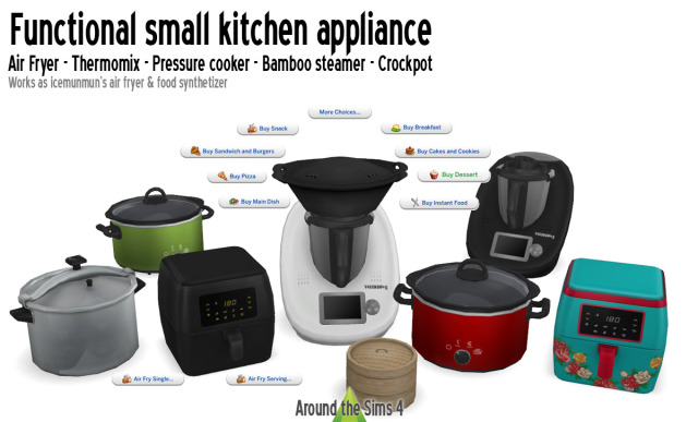 Around the Sims 4 | Cookware applianceYou asked for them, here are they! :)
Youll find here an air fryer (functional with MunMuns air fryer), coming in 3 classic colors but also in a much fancier one I found on the net!
Theres  also pressure cooker, crockpot, thermomix and its Varoma pan, and a  bamboo steamer. All of these work as food synthetizer because they make  the cooking easier, right? But you can also simply use them as decor if  you like better! :) It will be released on Around the Sims 4 the 27th of May.
It’s available in early access for Patreons right now.   #ats4 update#ts4cc#s4cc#sims4cc #the sims 4 cc  #the sims 4 custom content  #the sims 4 downloads