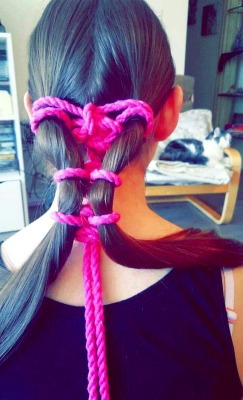 tieduptee:  I’m beyond excited to post this!!!  My lovely friend let me try out some hair and bamboo bondage on her 😊💗😊💗 Using my @bdsmgeek @bdsmgeekshop magenta rope and the new bamboo @tattooedandstoned gave me today! Cannot wait to do