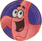 purple sticker of patrick's face. he is smiling and his arms are moving as though he is dancing.