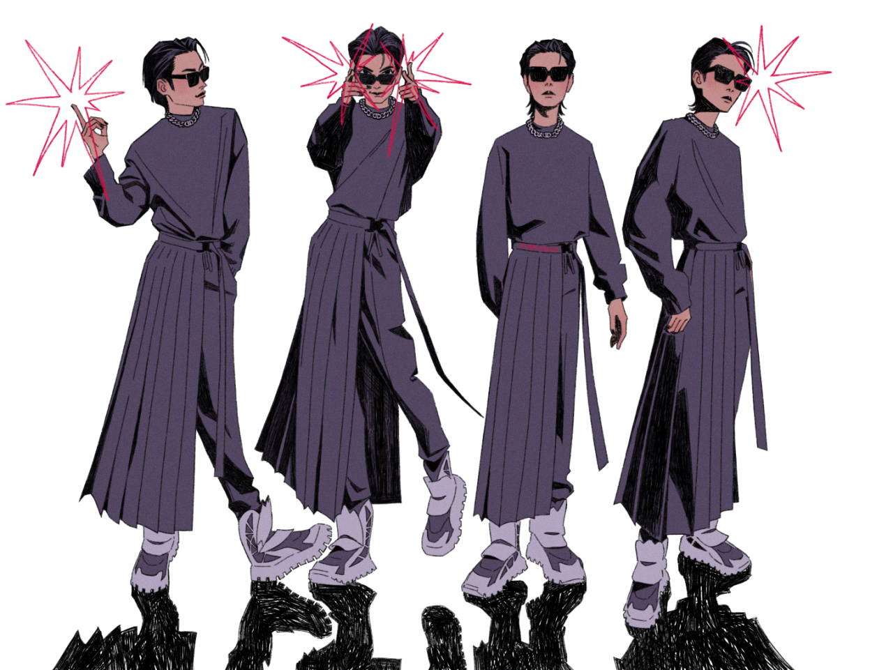 Fanart of j-hope from BTS: dressed in a grey jumpsuit/skirt combo, a silver chain, and sunglasses.