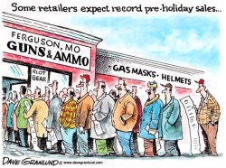 cartoonpolitics:  Actually happening. The cartoon refers to gun shops in Ferguson, Missouri, reporting a spike of up to 300% in gun sales as residents await a decision on whether Darren Wilson, the white police officer who shot and killed unarmed black