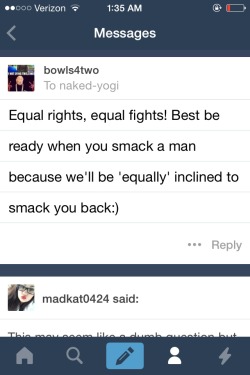 screwsociety-beyou:  naked-yogi:  What the fuck, man. This gives me such weird fucking vibrations. Honestly so fucking scary.  It’s really irritating that guys’ responses to women wanting equal rights is threats to hit us and get violent in return.