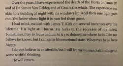 jonnlock:  jonnlock:  I CANNOT BELIEVE I HAD TO READ THIS WITH MY OWN EYES  to everyone asking this is from The Autobiography of James T. Kirk by David Goodman !!   just started reading this book and i loved the intro from McCoy as well. My little heart